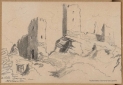 Imagen de la entrada al recinto amurallado del castillo de Maluenda por una torre puerta. Dibujo de Rafael Monleón Torres, 1881